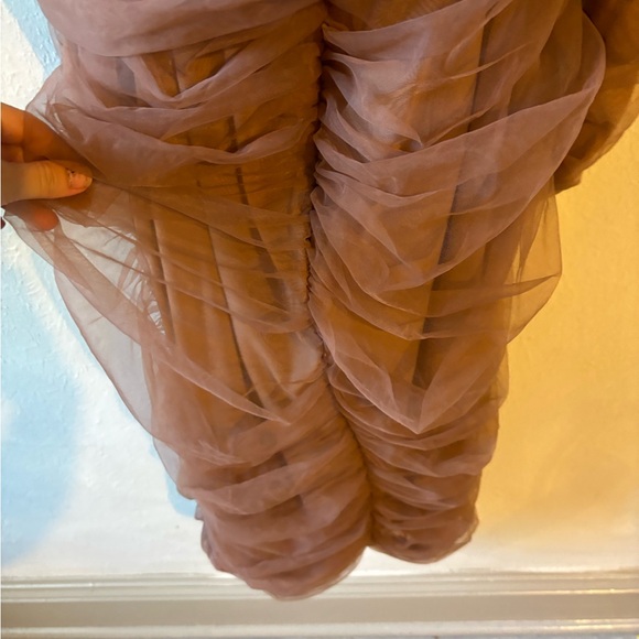 ANAIS CHESTNUT TULLE OFF SHOULDER RUCHED DRESS - Picture 7 of 8